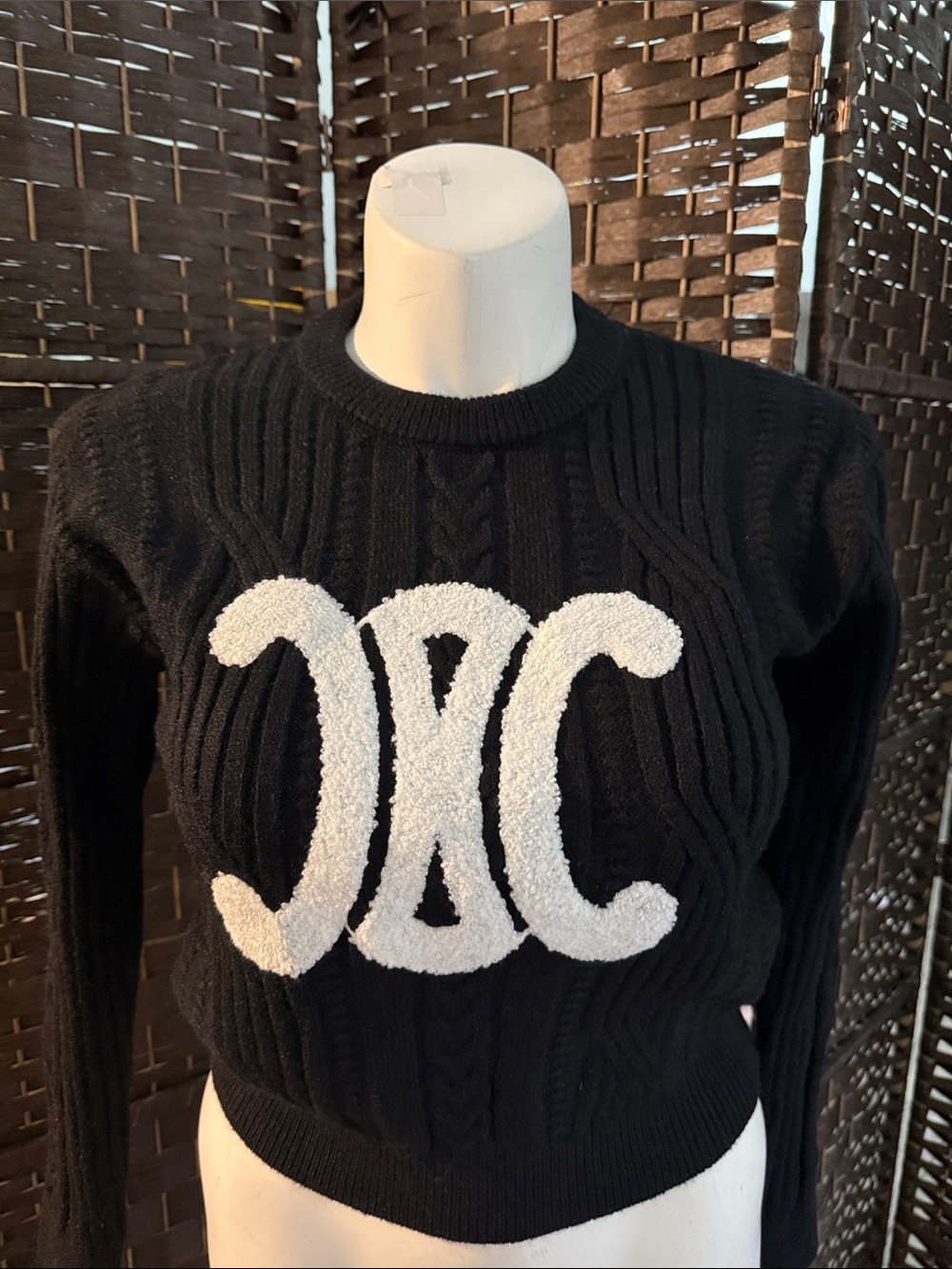 Black Women's Cable Knit Sweater with White Contrast Cel logo